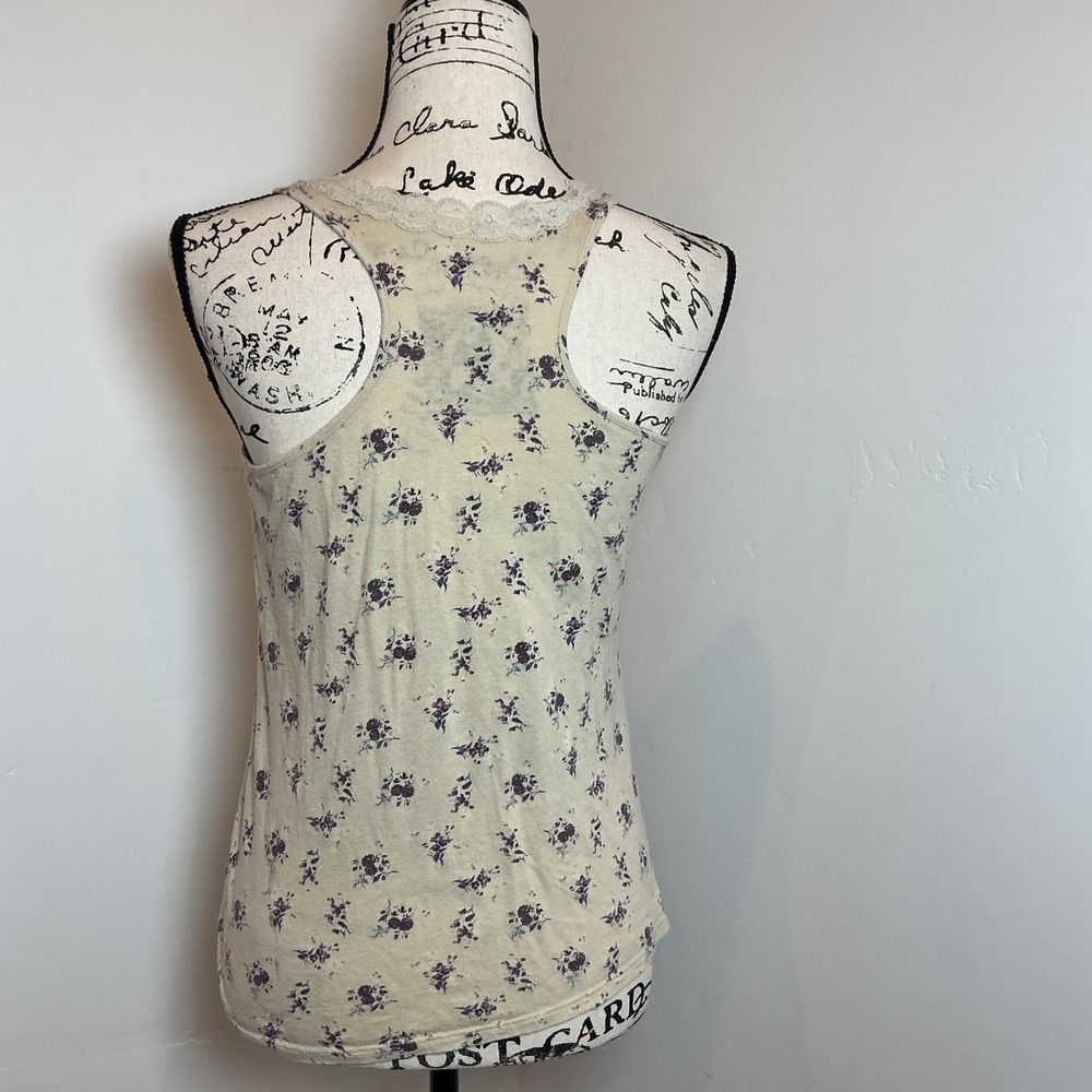 Decree Floral Lace Trim Tank Top Ivory Purple Cottagecore Y2K Size M - Picture 3 of 4